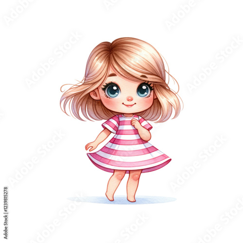 Charming cartoon girl with blonde hair, wearing a pink striped dress, exuding joy and innocence in a playful pose. photo