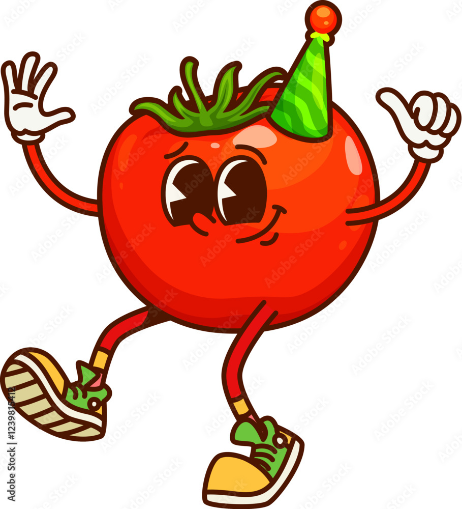 Obraz premium Groovy cartoon tomato vegetable character on holiday party. Kids holiday celebration ripe veggie cute isolated groovy vector character. Tomato vegetable happy personage in cone hat on birthday party