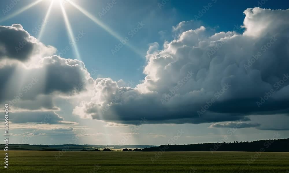 Dramatic cloudscape over a green field with sun rays breaking through. Dramatic cloudscape over a green field with sun rays breaking through.