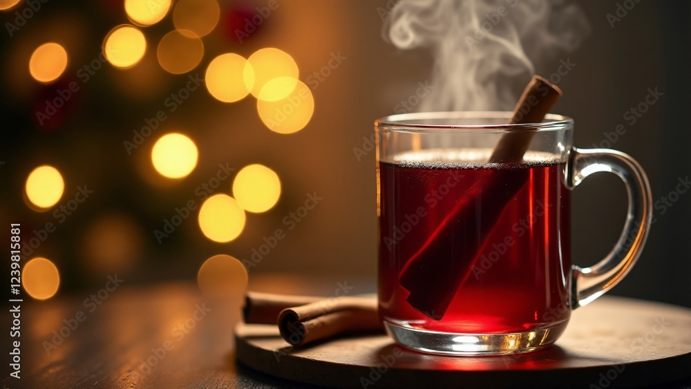 A glass of steaming mulled wine with a blurred background of twinkling Christmas lights, creating a warm, festive, and magical holiday atmosphere. A glass of steaming mulled wine with a blurred background of twinkling Christmas lights, creating a warm, festive, and magical holiday atmosphere.