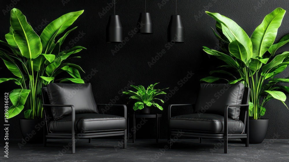 Fototapeta premium A modern seating area with black chairs and lush greenery against a dark backdrop.