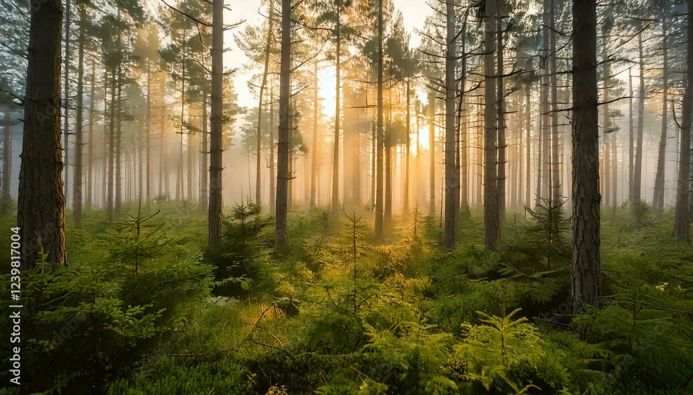 Fototapeta premium morning in a dense pine forest 