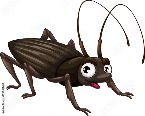 Cartoon funny beetle barbel character with long antennae and cheerful expression. Isolated vector garden bug personage with black body and six legs radiating happy expression with wide cheerful smile