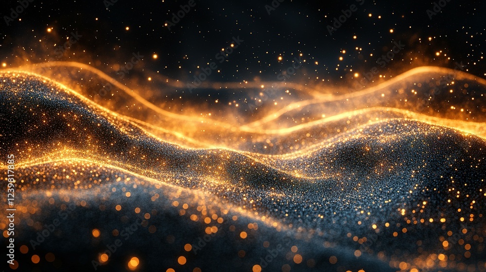 Golden Glittering Particles Flowing Across Dark Background Golden Glittering Particles Flowing Across Dark Background