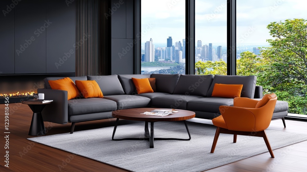 Fototapeta premium Luxurious and Sophisticated Living Room with Expansive Floor to Ceiling Windows Offering Breathtaking Cityscape Views Meticulously Designed with High End Furniture Plush Upholstery
