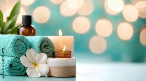 Luxurious spa setting with flickering candles essential oils and natural elements creates a calming tranquil atmosphere for relaxation self care and wellness  Inviting environment for pampering photo