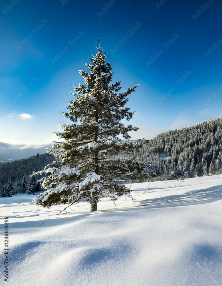covered landscape with a lone pine tree 