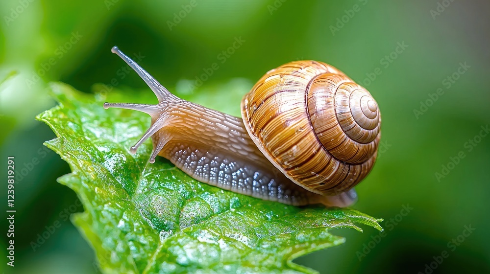 Snail crawling on leaf, garden background, nature macro Snail crawling on leaf, garden background, nature macro