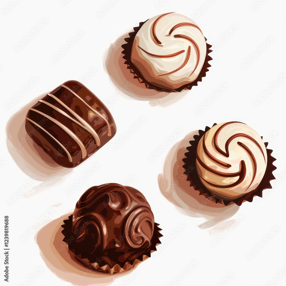 Four chocolate candies with different colors and designs Four chocolate candies with different colors and designs