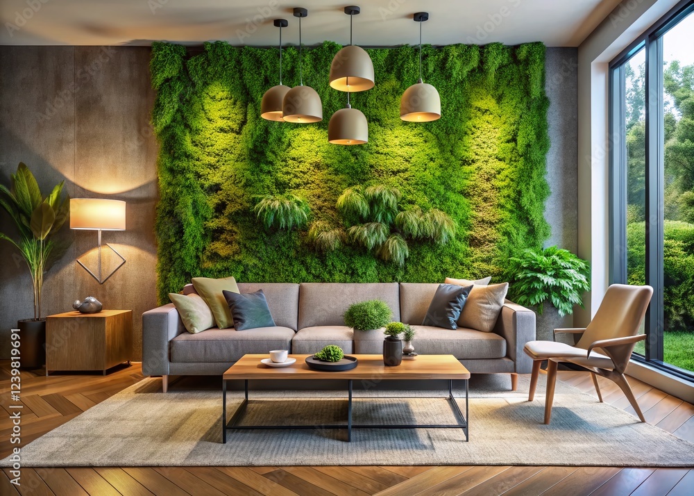 Obraz premium Modern Living Room with Moss Wall and Coffee Table