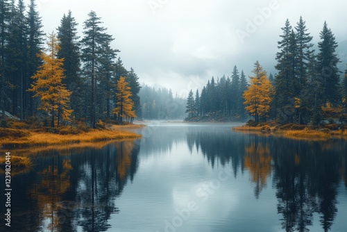 Misty autumn lake, serene forest reflection, calming nature scene, wallpaper