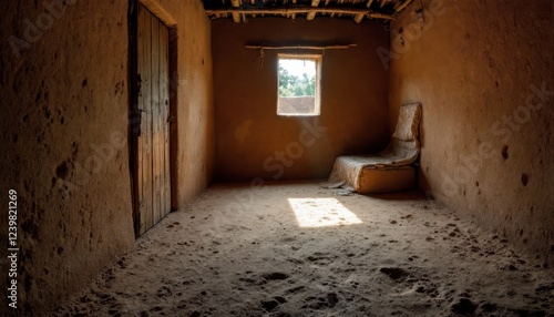 Rustic earthen room with wooden door, sunlit window, and simple chair