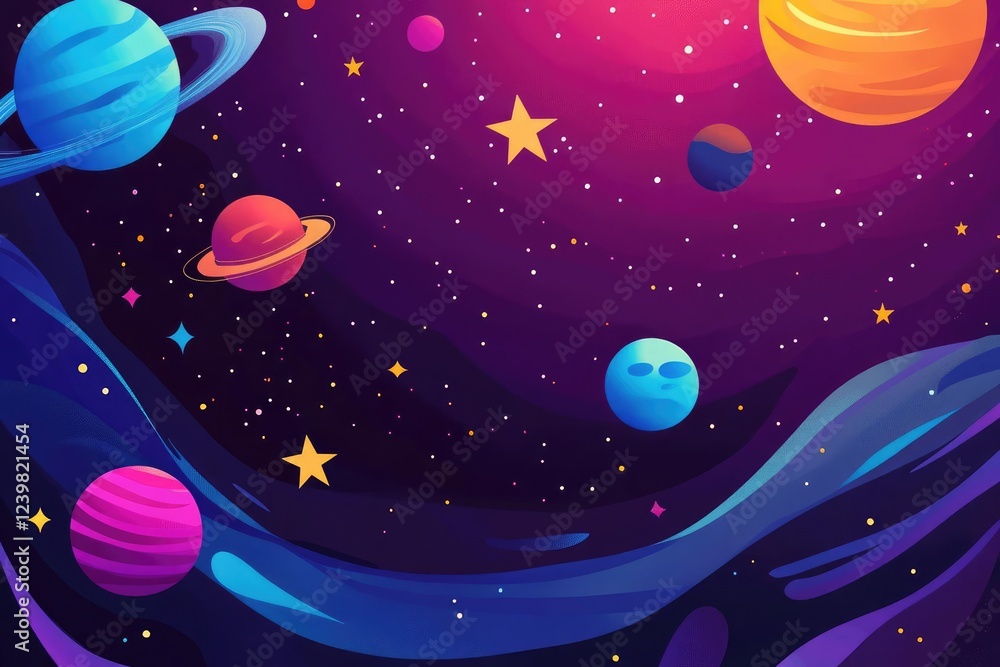 cosmic playground in flat design playful geometric stars and planets floating in deep indigo space cosmic playground in flat design playful geometric stars and planets floating in deep indigo space