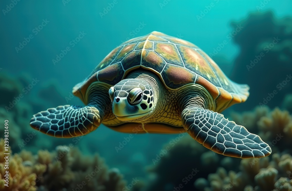 Fototapeta premium Under sea image of a Hawksbill turtle swimming gracefully through a vibrant coral reef. 