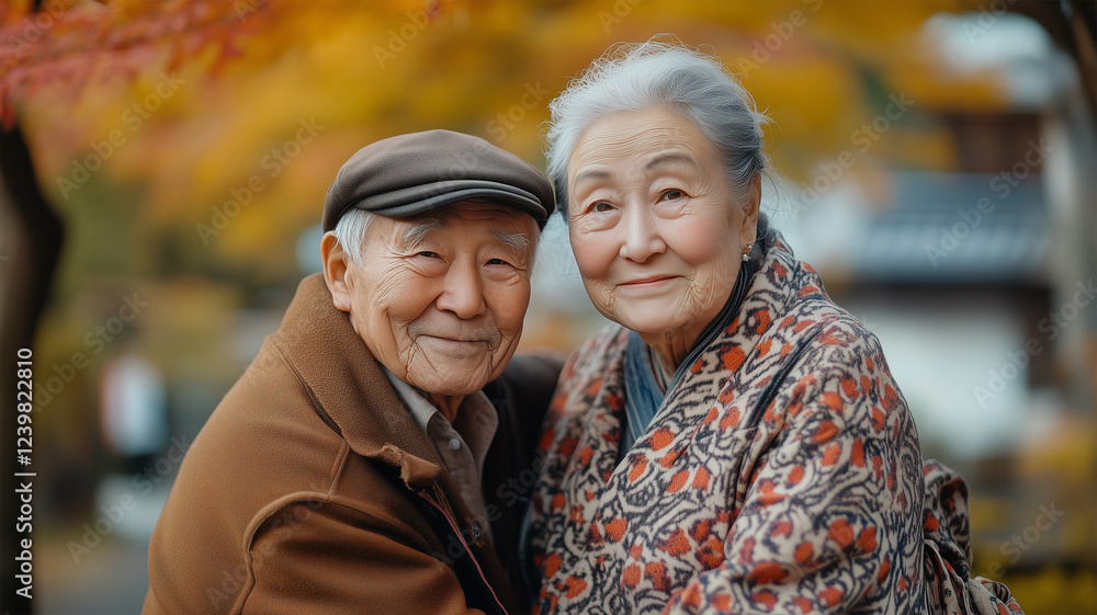 伝統的な日本の背景で微笑む高齢夫婦 伝統的な日本の背景で微笑む高齢夫婦