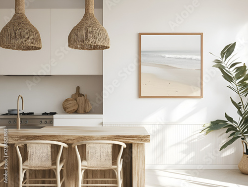 Coastal Calm in Modern Kitchen: A framed coastal scene print adds a touch of serenity to a minimalist kitchen design.  Natural light streams in.