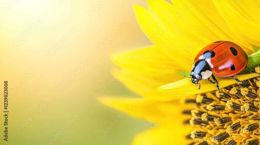 Red Ladybug on Yellow Sunflower Petal Close Up Red Ladybug on Yellow Sunflower Petal Close Up