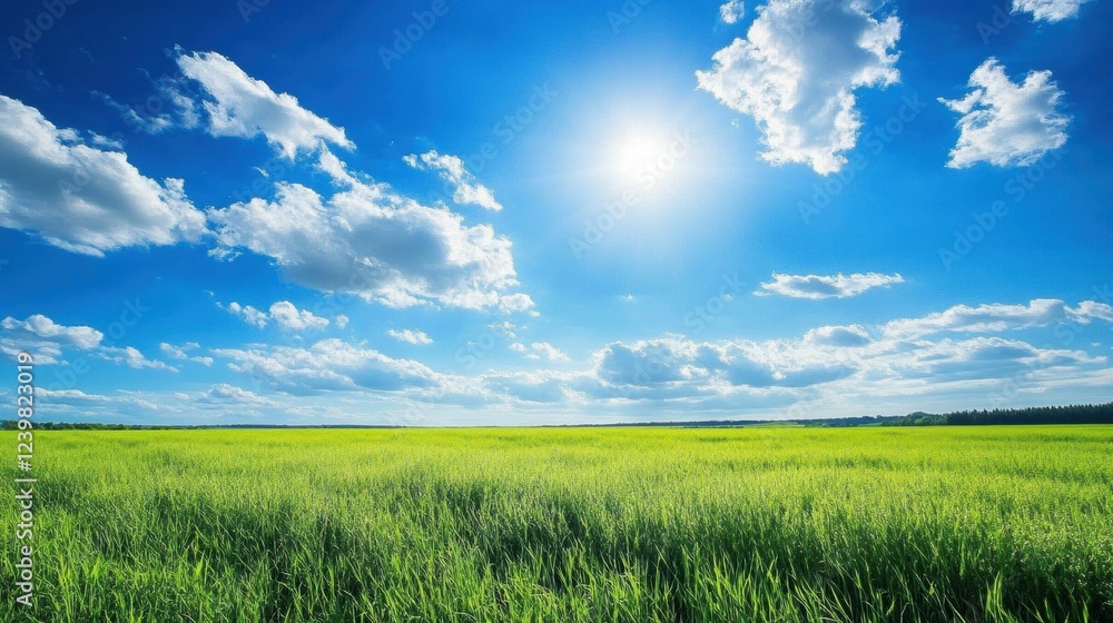 Obraz premium Bright sunny day over a green field with blue sky and fluffy clouds in mid afternoon. Generative AI