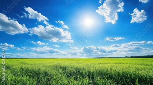 Fototapeta Naklejka Na Ścianę i Meble -  Bright sunny day over a green field with blue sky and fluffy clouds in mid afternoon. Generative AI