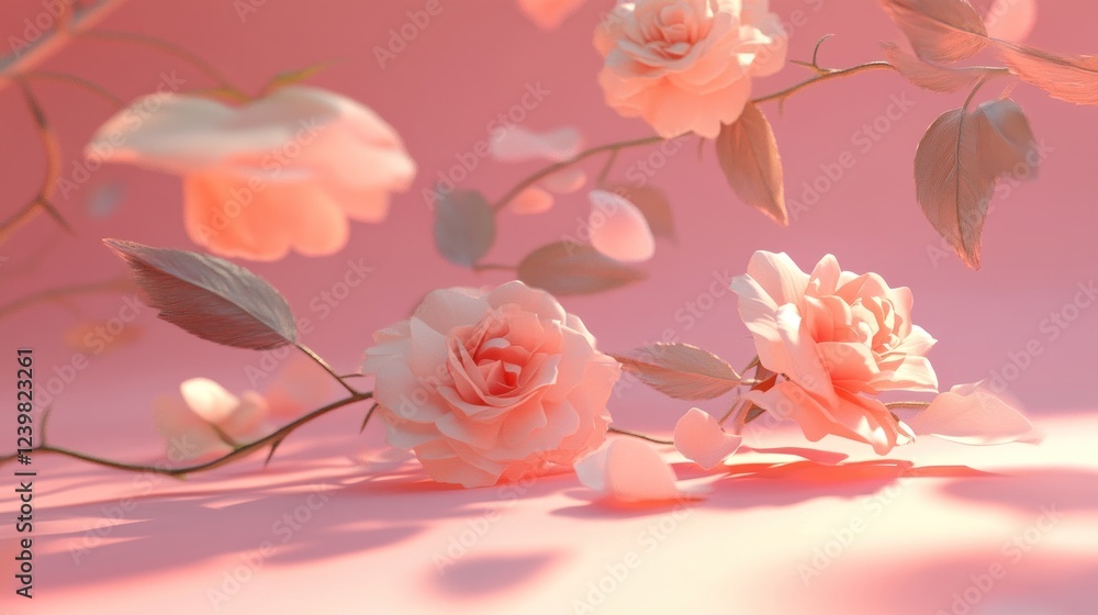 Fototapeta premium Peach roses falling on pink background; romantic design