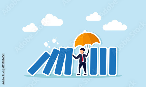 Businessman holds an umbrella to stop falling blocks from knocking down standing ones, illustration of maintaining team and financial stability in business performance