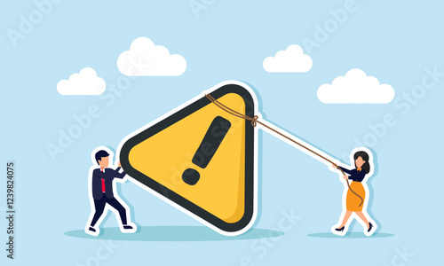 Businessman tries to push a caution sign while businesswoman pulls it with a rope, illustration of teamwork in handling important and urgent tasks