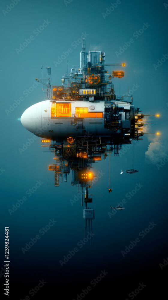 Fototapeta premium A futuristic floating structure illuminated by warm lights, surrounded by a misty blue atmosphere, suggesting advanced technology and innovation.