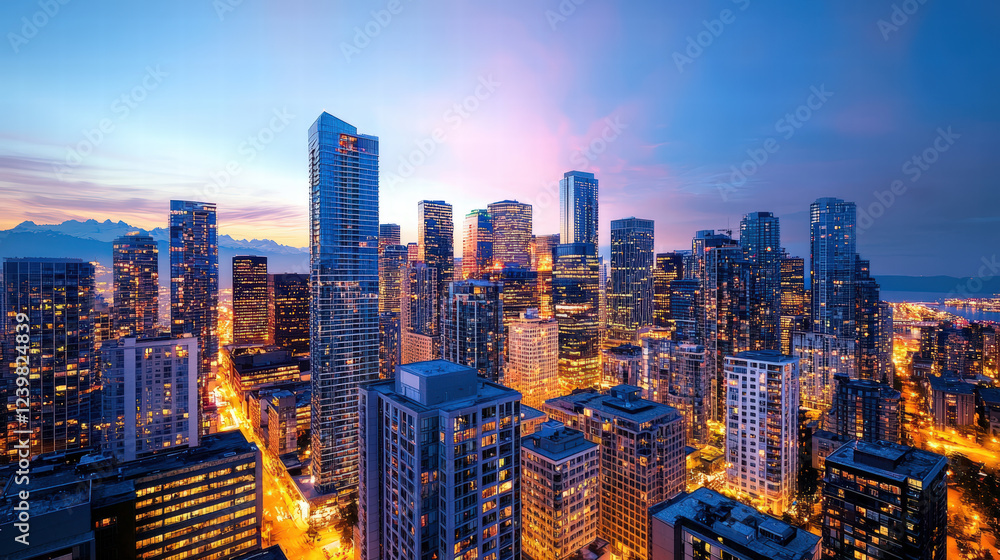 Fototapeta premium vibrant city skyline at dusk, showcasing tall buildings and illuminated streets. scene captures essence of urban life with beautiful sunset backdrop