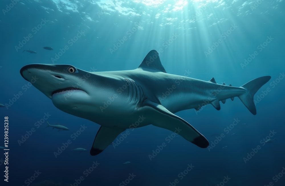 Obraz premium Ocean shark bottom view from below. Open toothy dangerous mouth with many teeth. Underwater blue sea waves clear water shark swims