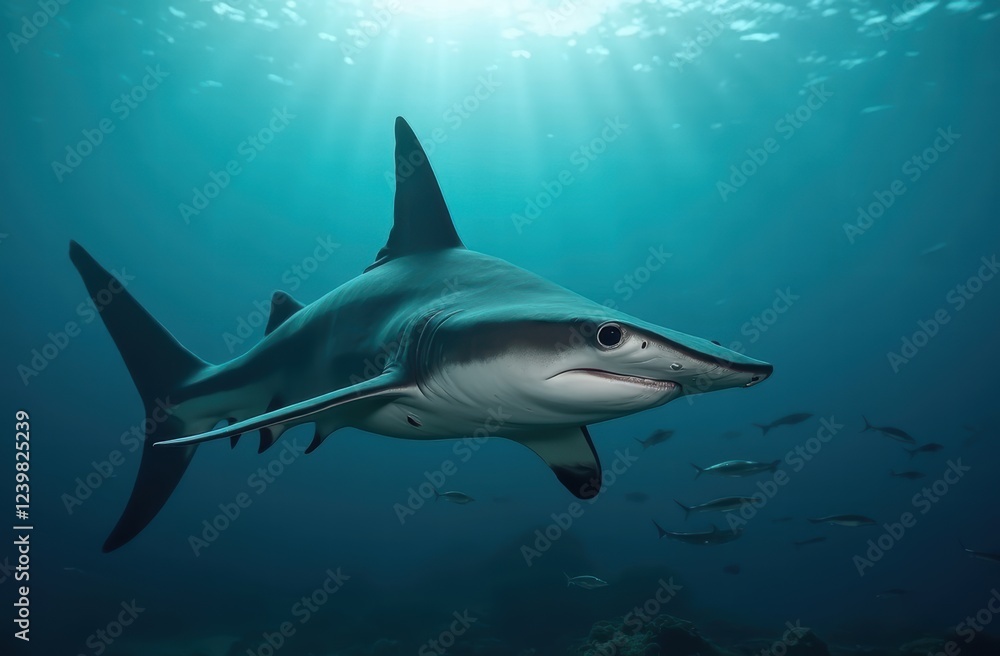 Fototapeta premium Ocean shark bottom view from below. Open toothy dangerous mouth with many teeth. Underwater blue sea waves clear water shark swims