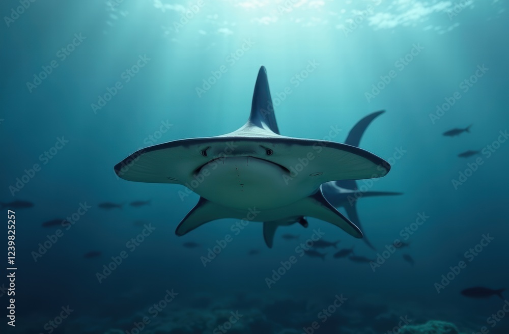 Fototapeta premium A large hammerhead shark with its unique, flat hammer-shaped head, broad eyes on each end, and a streamlined, grayish-blue body