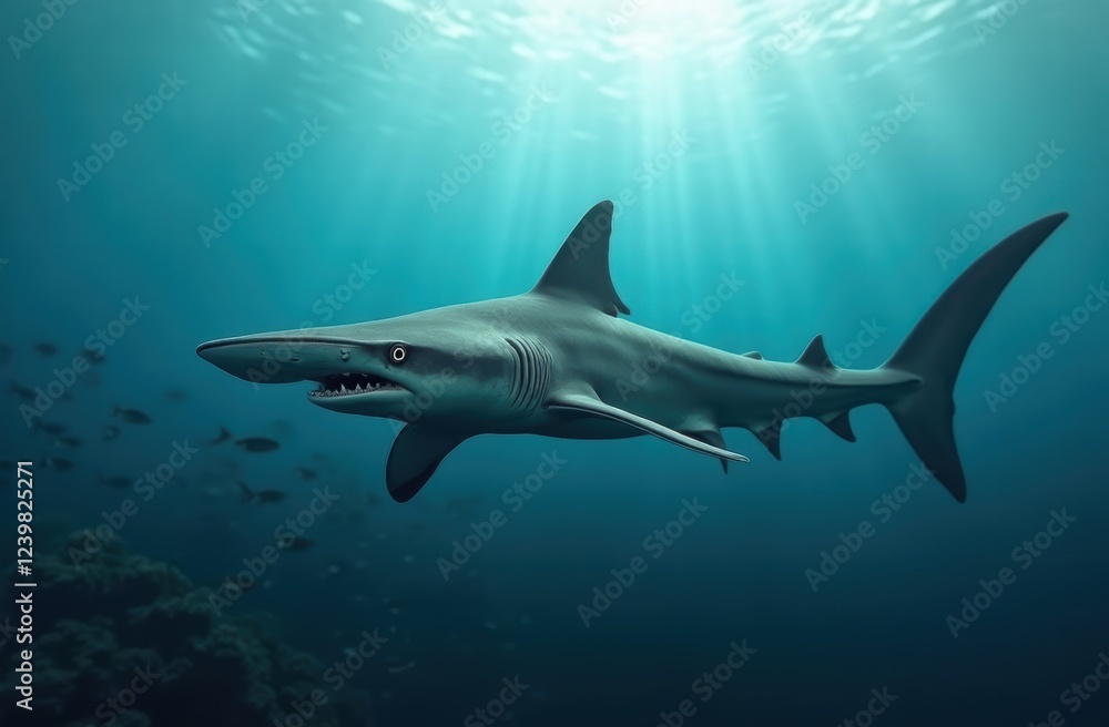 Fototapeta premium Ocean shark bottom view from below. Open toothy dangerous mouth with many teeth. Underwater blue sea waves clear water shark swims