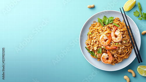 Delicious plate of pad thai with shrimp, peanuts, and lime on blue background. vibrant and appetizing dish perfect for food lovers