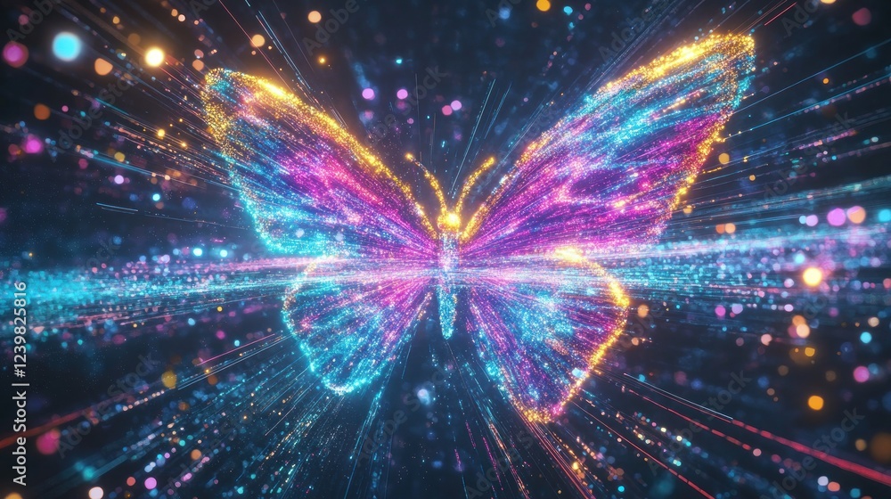 Glowing butterfly, cosmic dust, light trails, digital art, website banner Glowing butterfly, cosmic dust, light trails, digital art, website banner