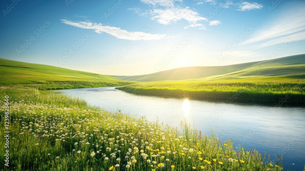 Obraz premium Sunny river flows through vibrant spring meadow, rolling hills background; idyllic nature scene