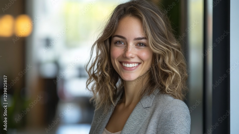 A Smiling Woman with Curly Brown Hair Poses Indoors A Smiling Woman with Curly Brown Hair Poses Indoors