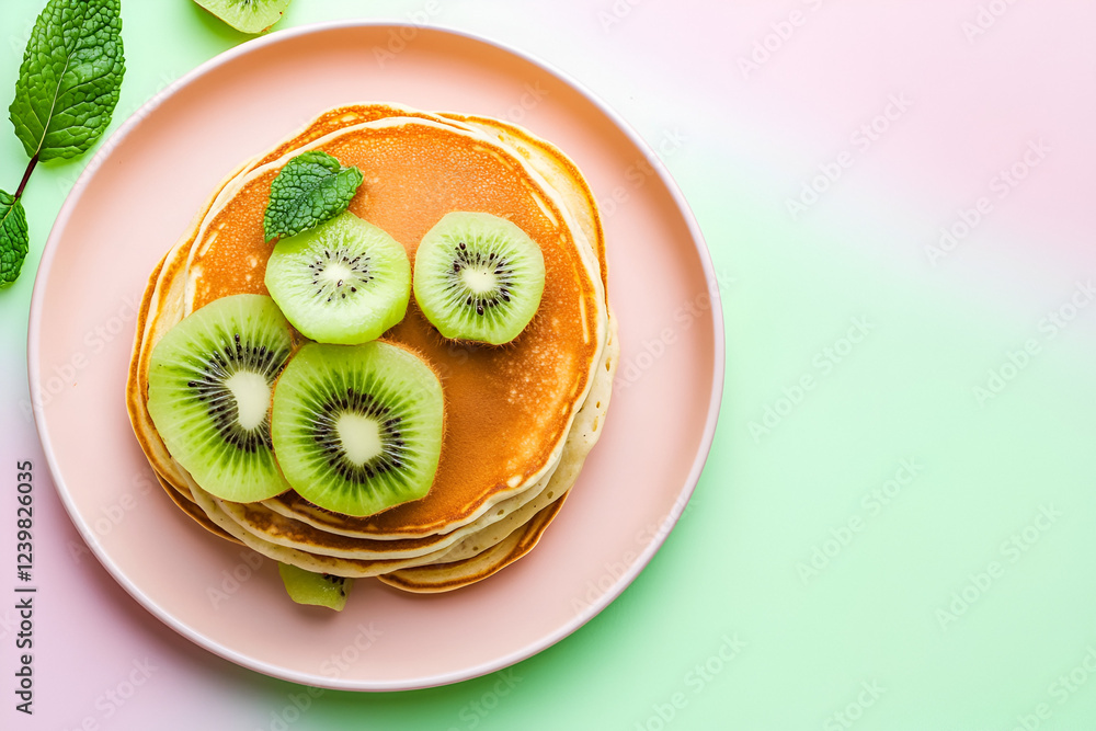 Kiwi Pancakes Delight: A stack of golden pancakes topped with fresh kiwi slices and a sprig of mint, presented on a blush pink plate against a pastel background. Kiwi Pancakes Delight: A stack of golden pancakes topped with fresh kiwi slices and a sprig of mint, presented on a blush pink plate against a pastel background.