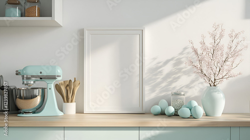 Modern Kitchen Mockup: A clean and contemporary kitchen setting featuring a blank white frame on a wooden countertop. Surrounded by pastel blue accents, including a stand mixer, eggs.