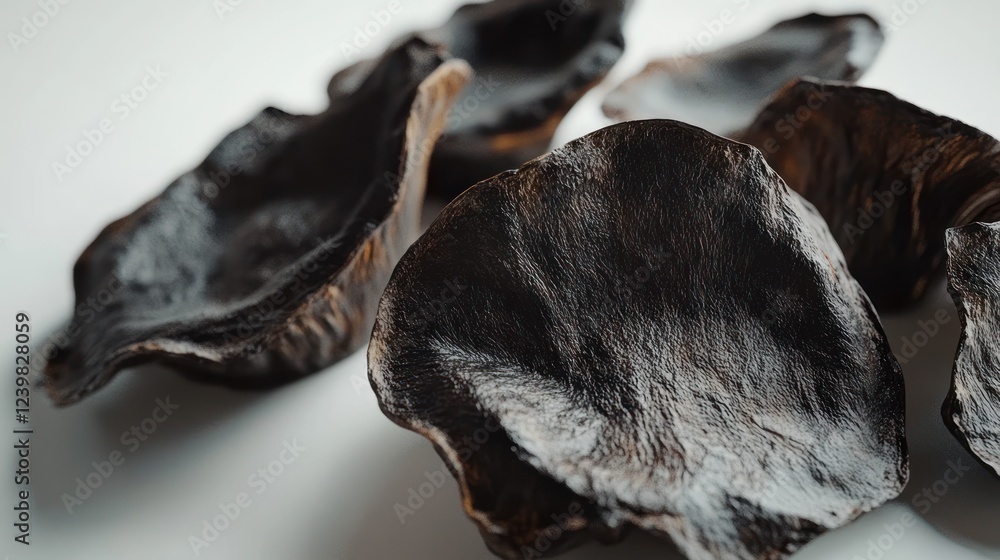 Obraz premium Dark rose petals scattered on white background, close-up studio shot, for design