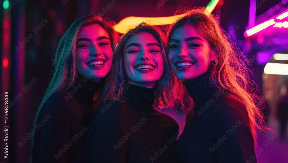 Neon Nights: Three Friends Radiant Under City Lights Neon Nights: Three Friends Radiant Under City Lights