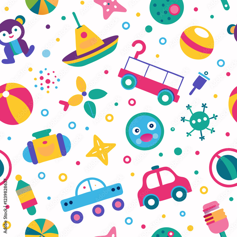 Colorful seamless pattern with various kid's toys and playful elements on white background. Colorful seamless pattern with various kid's toys and playful elements on white background.