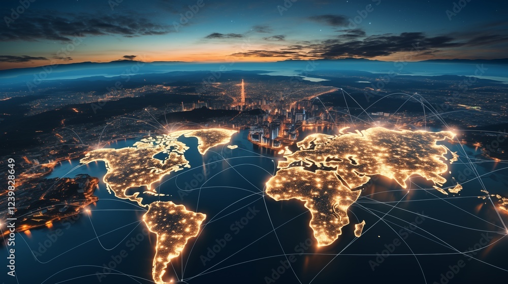Digital map of the world with global network connections and city lights at sunset, representing an international business or connectivity concept Digital map of the world with global network connections and city lights at sunset, representing an international business or connectivity concept