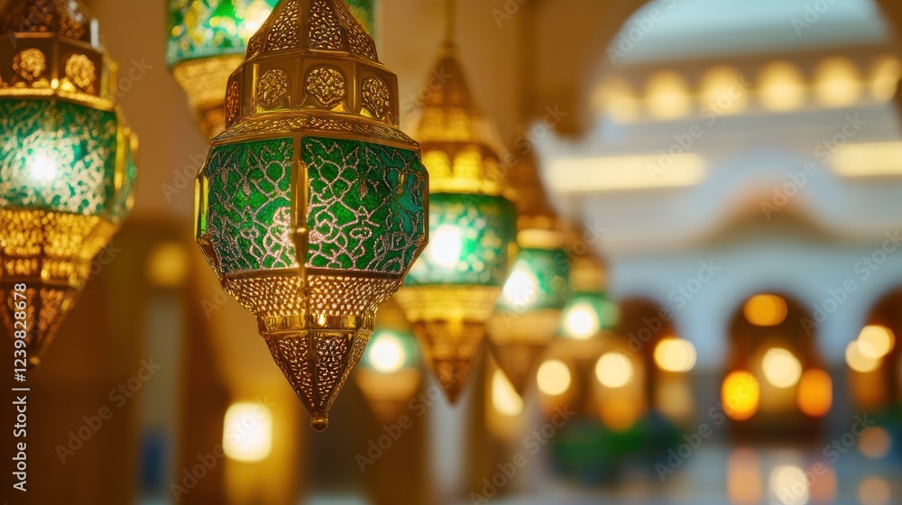Obraz premium Green lanterns illuminate opulent mosque hallway