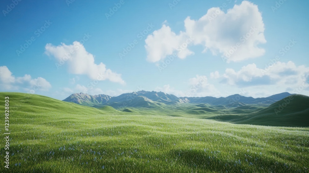Sunny meadow, rolling hills, mountain backdrop, idyllic landscape, travel brochure Sunny meadow, rolling hills, mountain backdrop, idyllic landscape, travel brochure