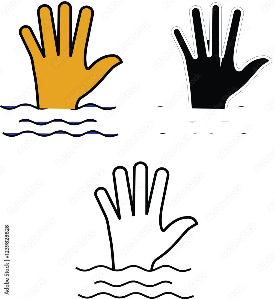 Obraz premium Raised hand icon set in a clean outline style, symbolizing volunteering, assistance, and active participation in events or teamwork.