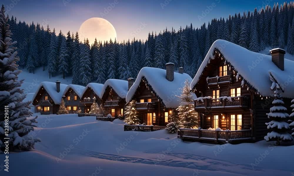 Cozy illuminated cabins nestled in a snowy forest at dusk. Cozy illuminated cabins nestled in a snowy forest at dusk.