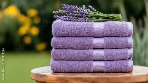 Stacked lavender towels with fresh lavender on top, creating a serene and relaxing atmosphere.