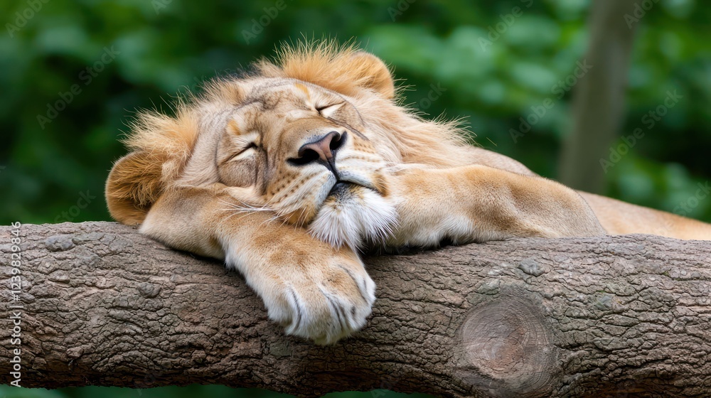 Naklejka premium A lion peacefully sleeping on a log, surrounded by lush greenery.