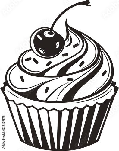  Illustration of a cupcake topped with a generous swirl of frosting, adorned with a glossy cherry and sprinkled with tiny round sugar sprinkles