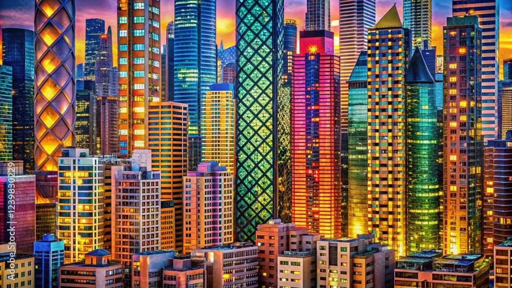 Obraz premium Panoramic Cityscape: Repeating Architectural Patterns, Modern Building Facades, Urban Skyline, Geometric Design, Architectural Photography